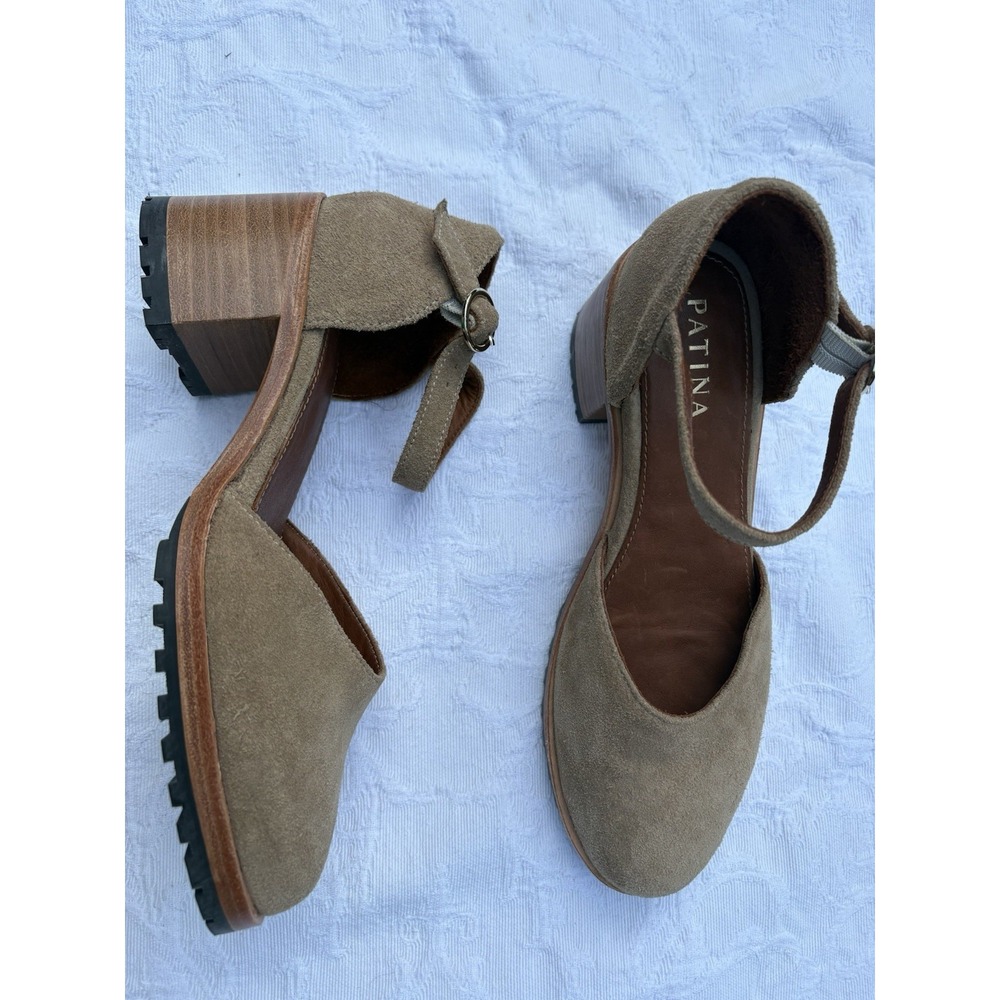 Patina By Portland Leather Tan Suede Block Heeled Mary Jane Shoes Size 8.5. EXC.